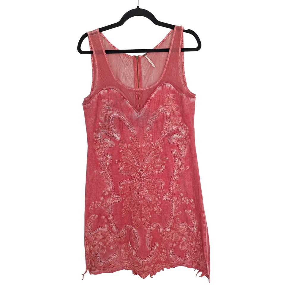 Free People Coral Pink Embroidered Beaded Mesh Mini Dress Large Acid Wash Boho